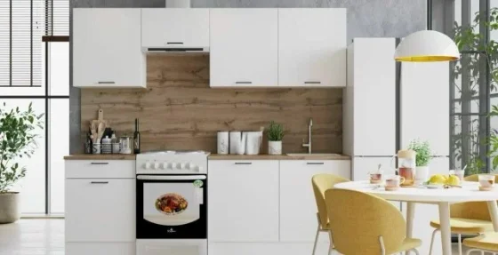 Кухня (кухонный гарнитур) Паола/Paola 2.4 м Белый гладкий, столешница Дуб вотан 28 мм, ЛДСП 2400х450х2160 горизонт